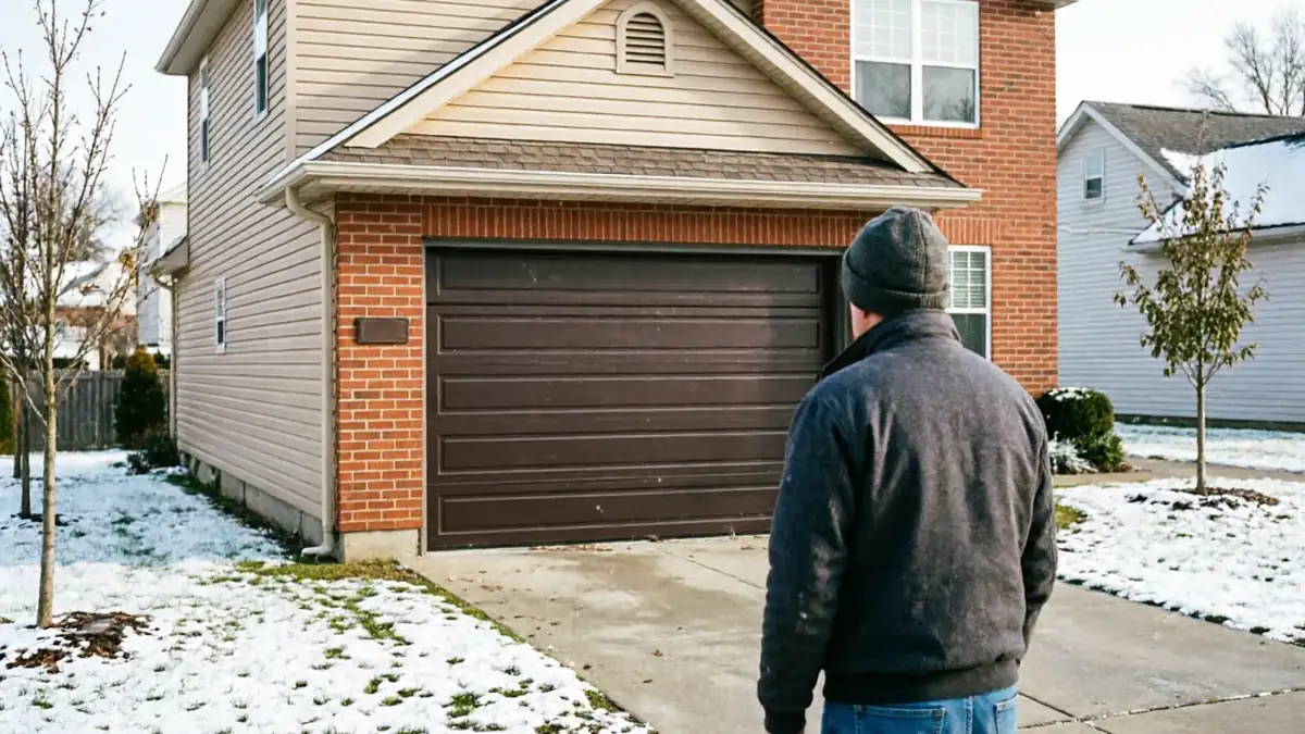 A technician in a hat stands facing a brown garage door on a snowy day.