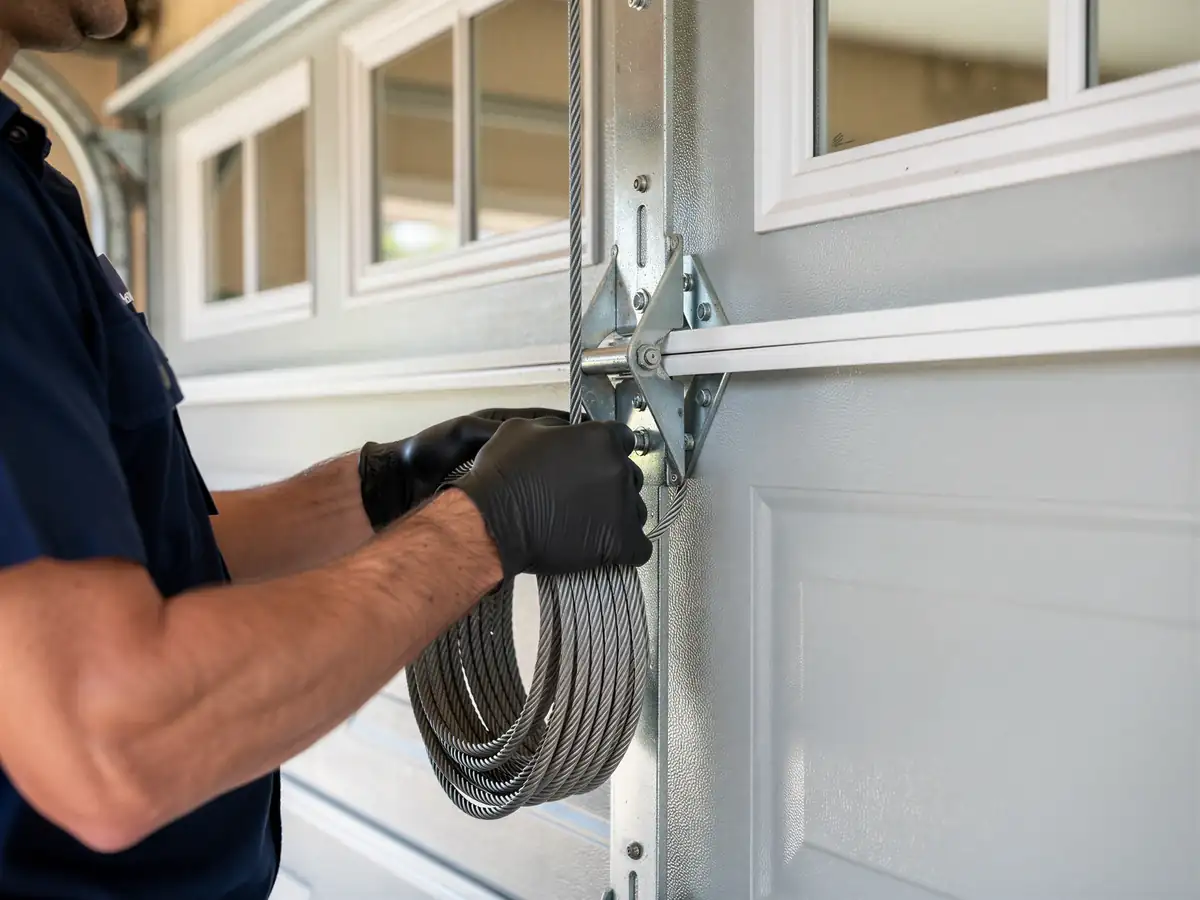 A technician wearing black gloves holds a coiled garage door cable.
