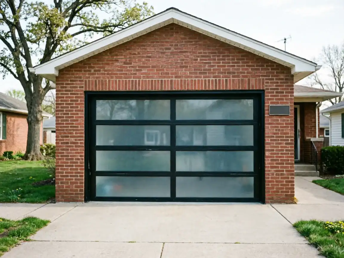 A modern black garage door with frosted glass panels is on a brick house.