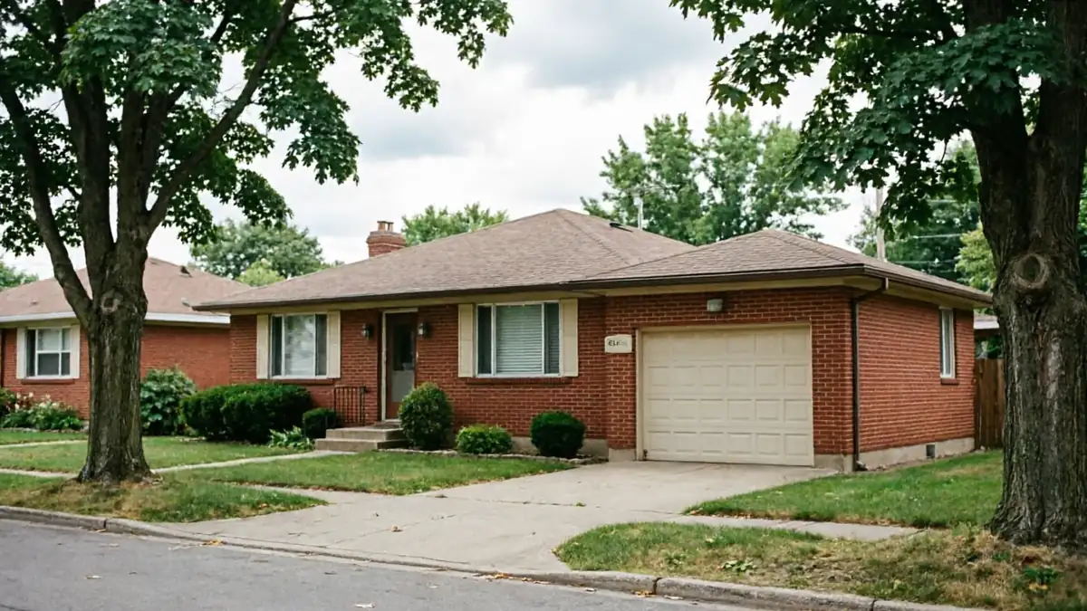 A red brick house with a light-colored garage door and a brown roof.