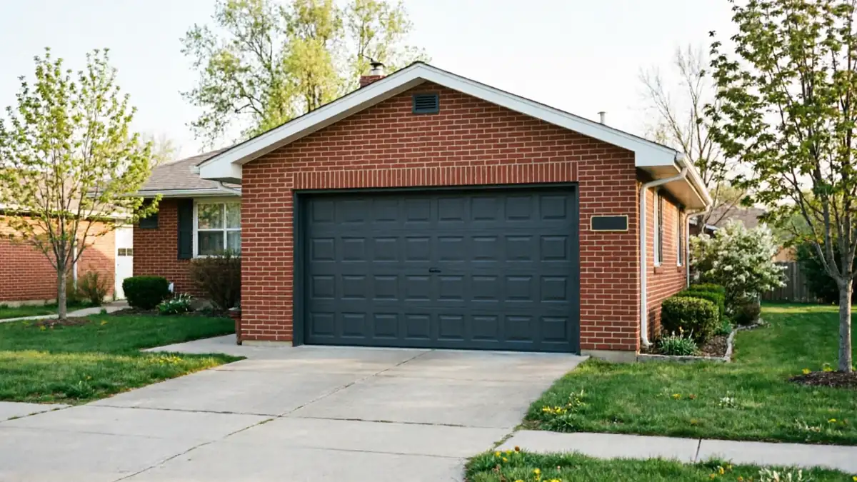 A single-story brick house has a dark gray garage door and a concrete driveway.