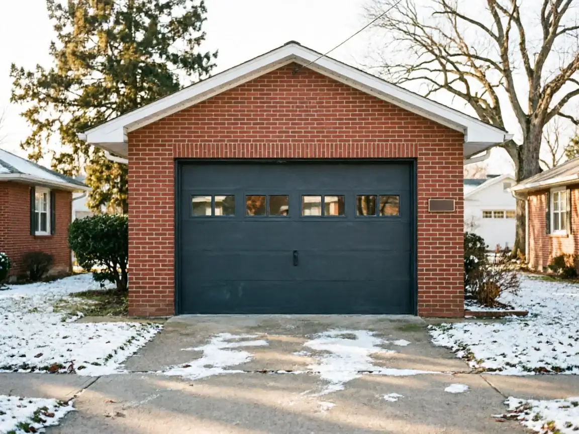 The brick garage has a dark gray door with windows, and snow covers the ground.
