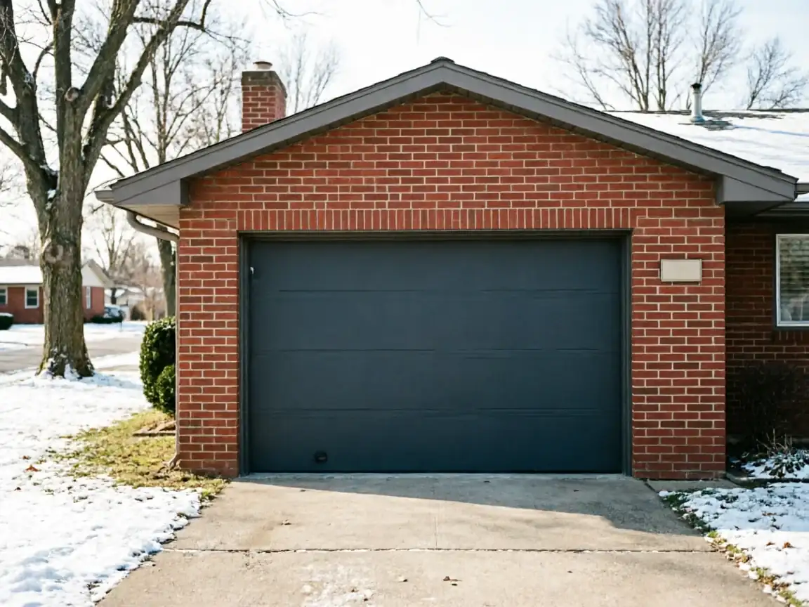 A dark gray garage door is set in a red brick house with snow on the ground.