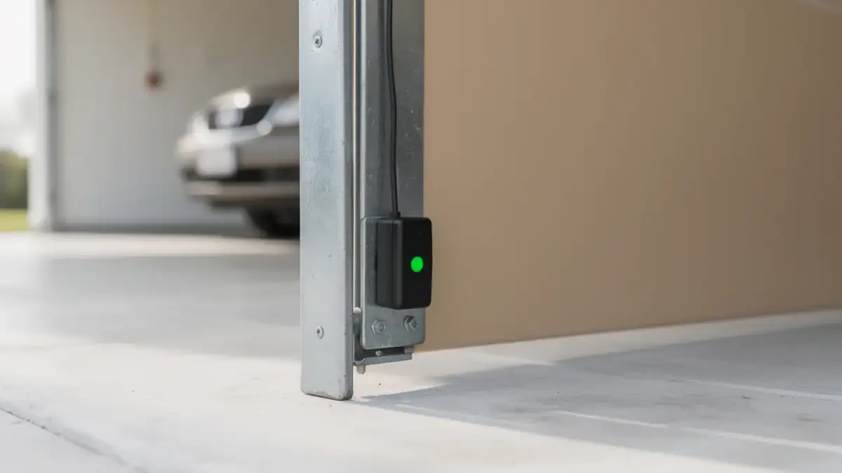 A garage door safety sensor with a green light is mounted on a metal track.