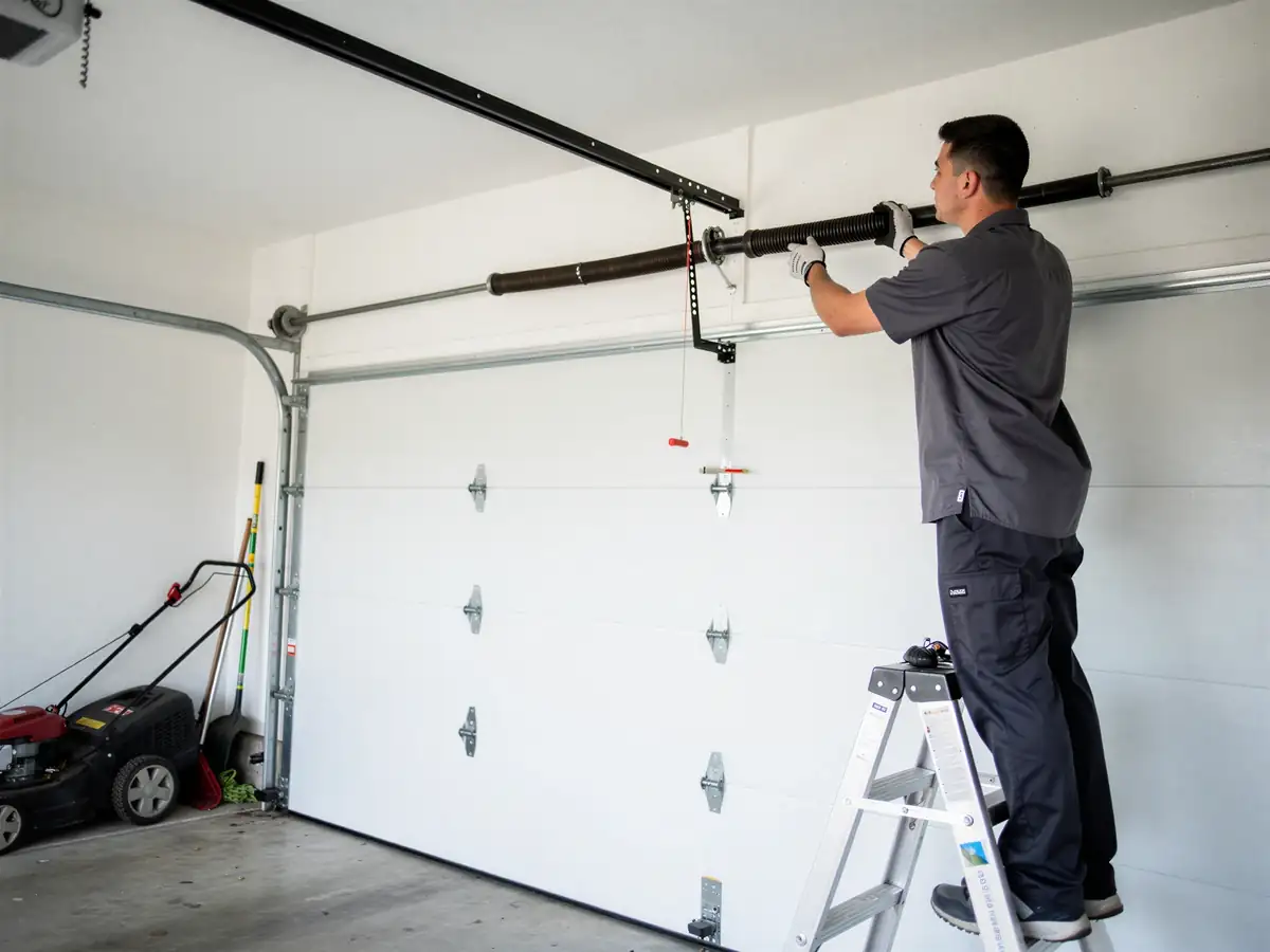 A technician on a ladder is adjusting the torsion spring above a white garage door.