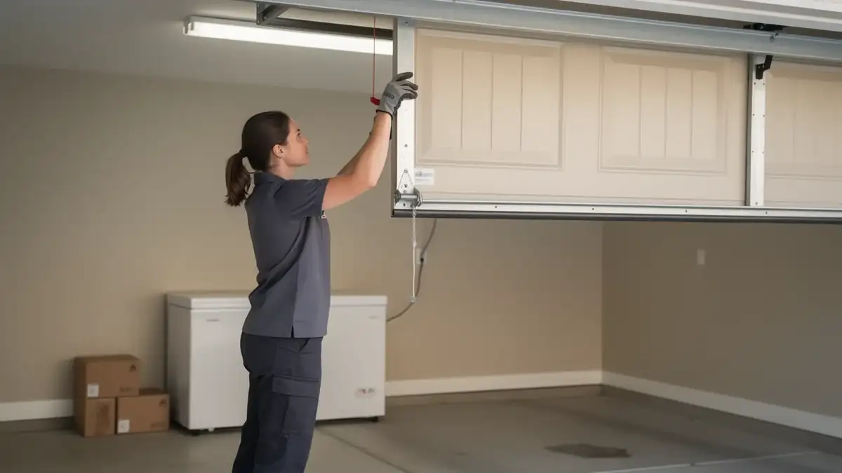 A technician in a gray uniform is adjusting a beige garage door.