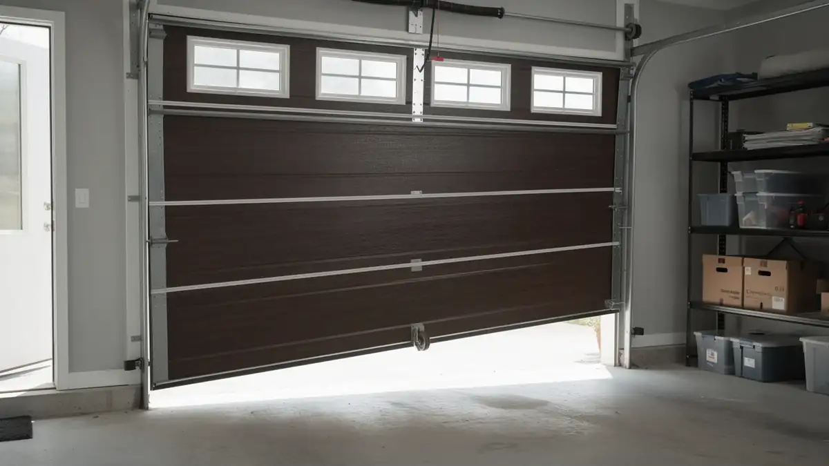 The brown garage door is partially open and crooked.